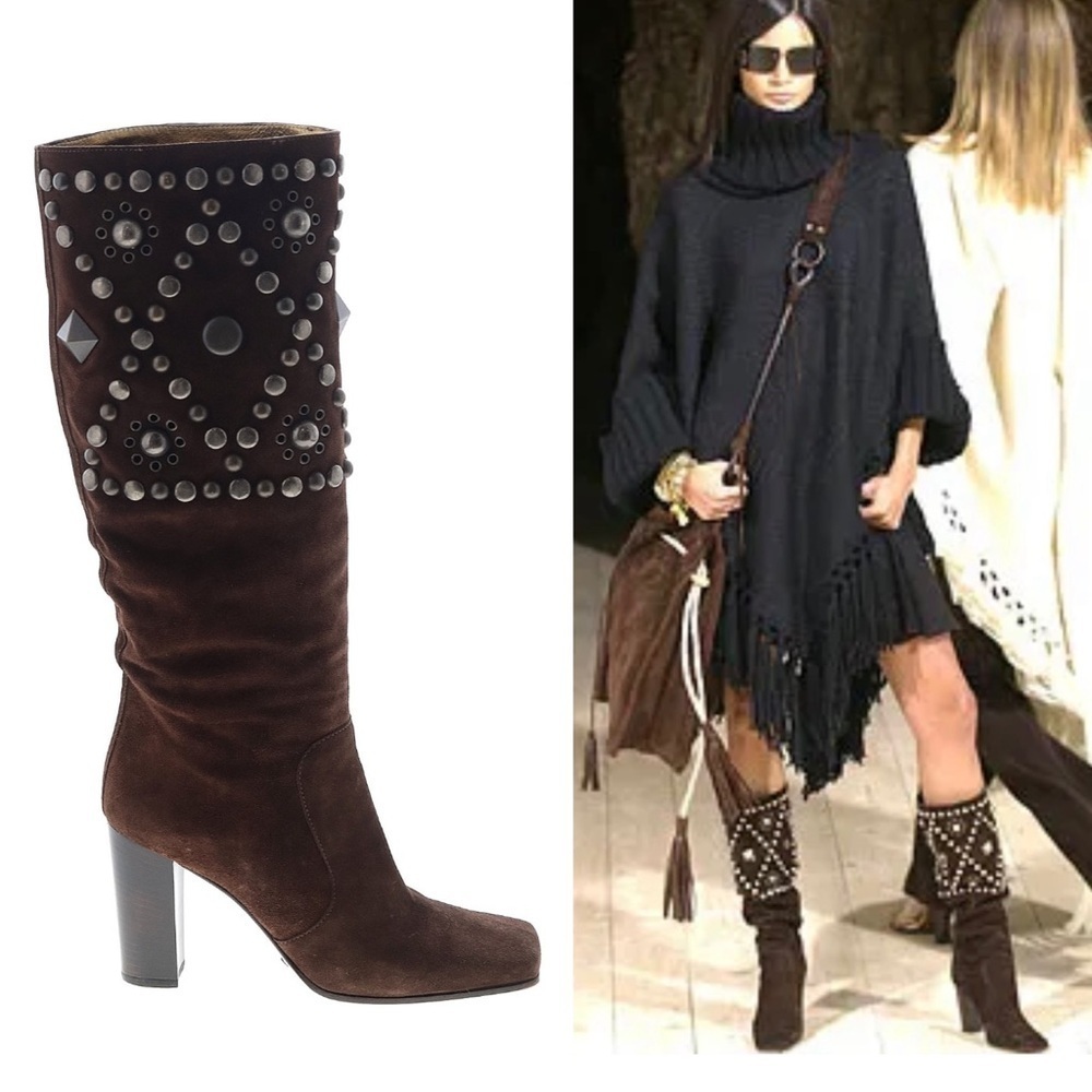 Dolce & Gabbana Vintage Suede Heel Boots Studded Square Toe Runway 2002 Y2K 36.5